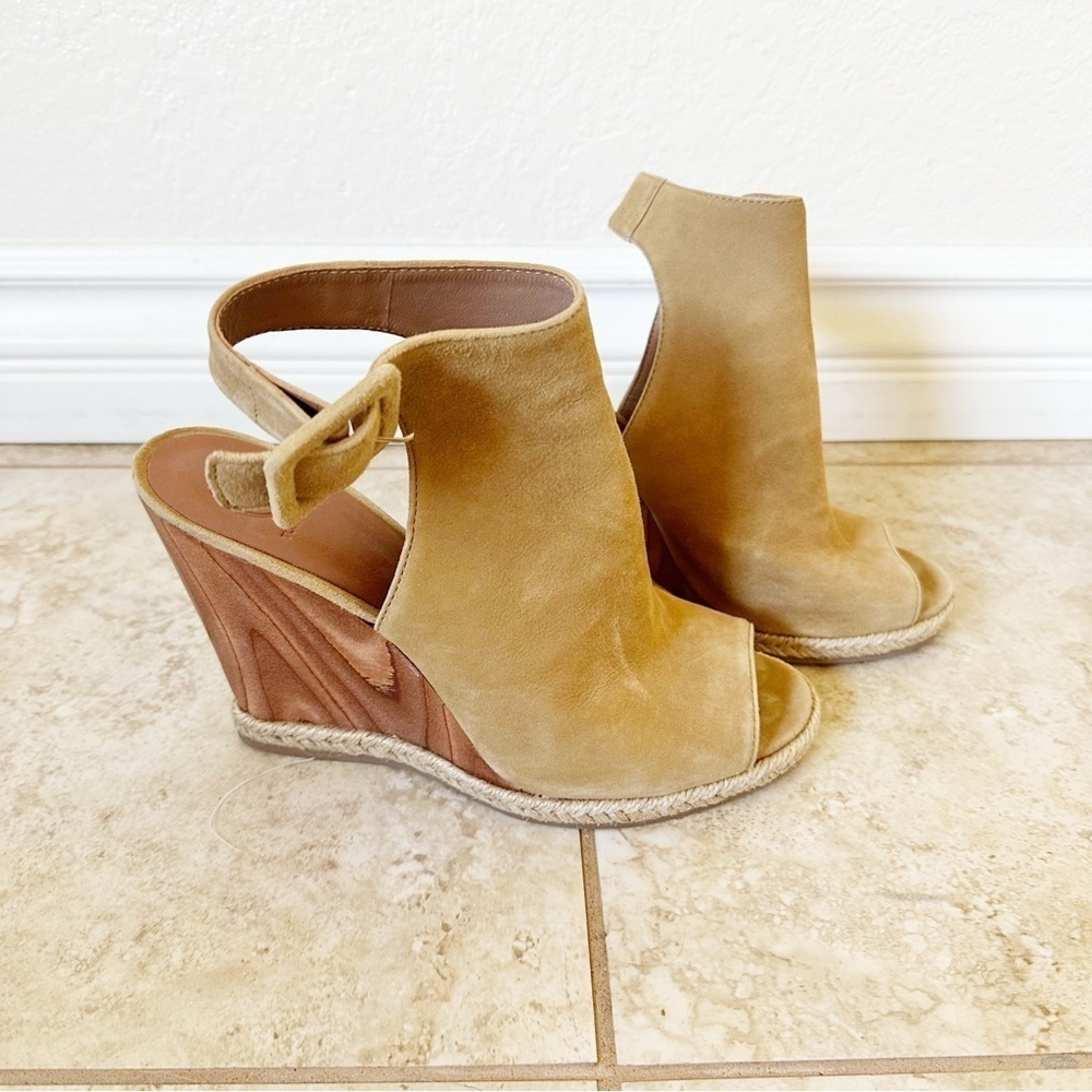 Tory Burch Tan Suede Open-Toe Wedge Sandals
